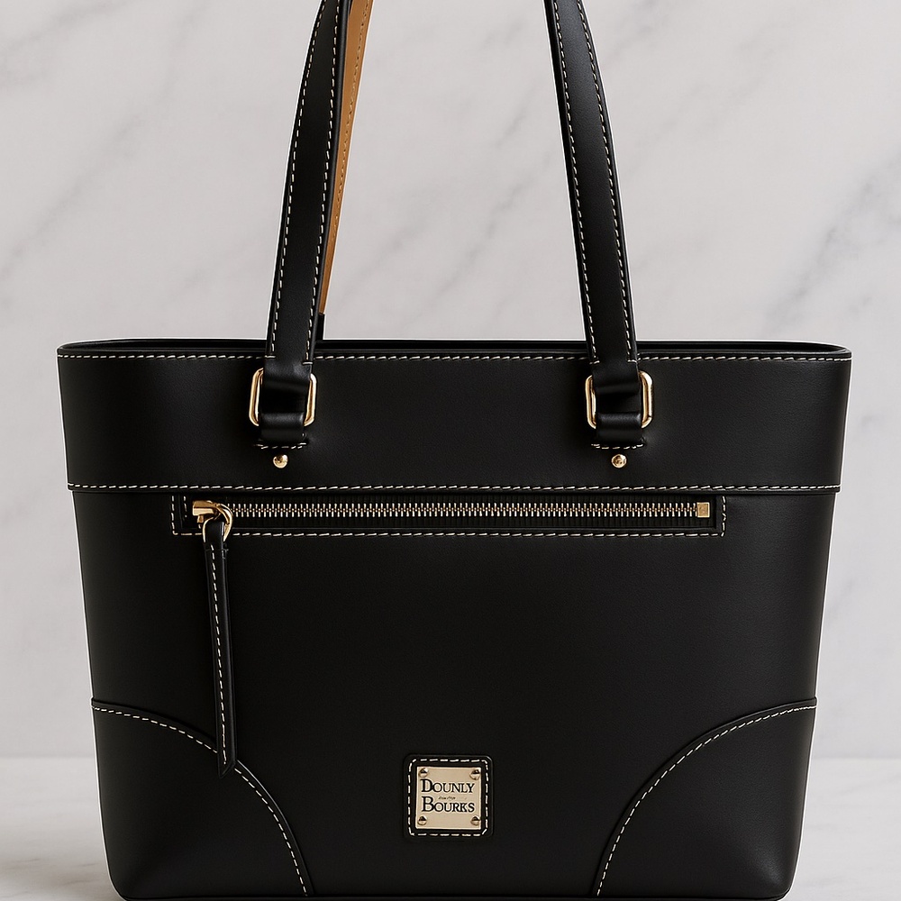 Dooney & Bourke Black Leather Tote Bag – Gold Hardware, Red Interior